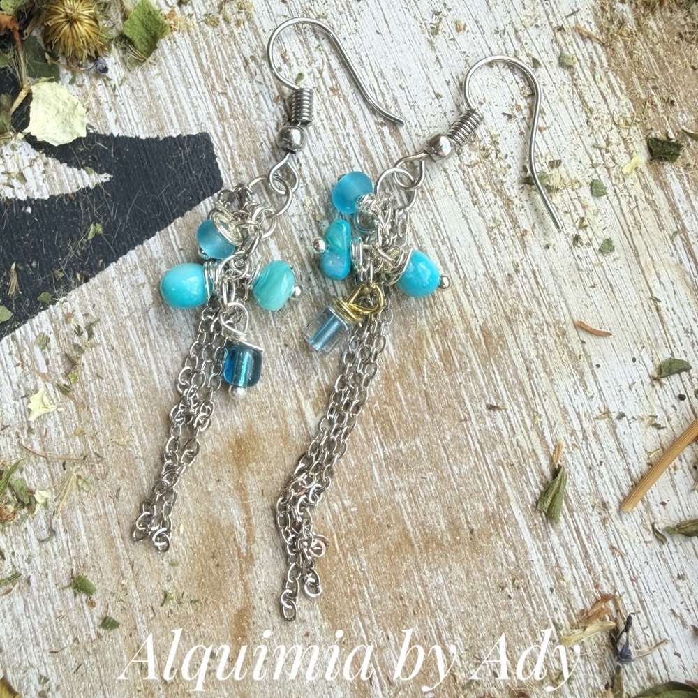 🌊✨ Sea Glass Blue • Mother of Pearl • Aqua & Turquoise Chain Duster Earrings —